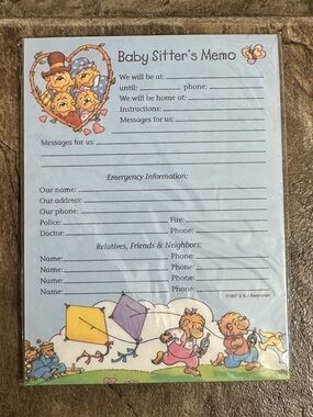 Vintage 1997 Berenstain Bears Magnetic Babysitter Memo Pad NWT